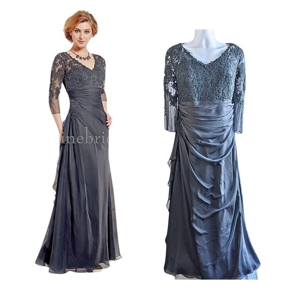 Jasmine Dresses & Skirts - JADE BY JASMINE Iron Gray Alencon Lace Illusion Bodice MOB Gown J165012X Size 18